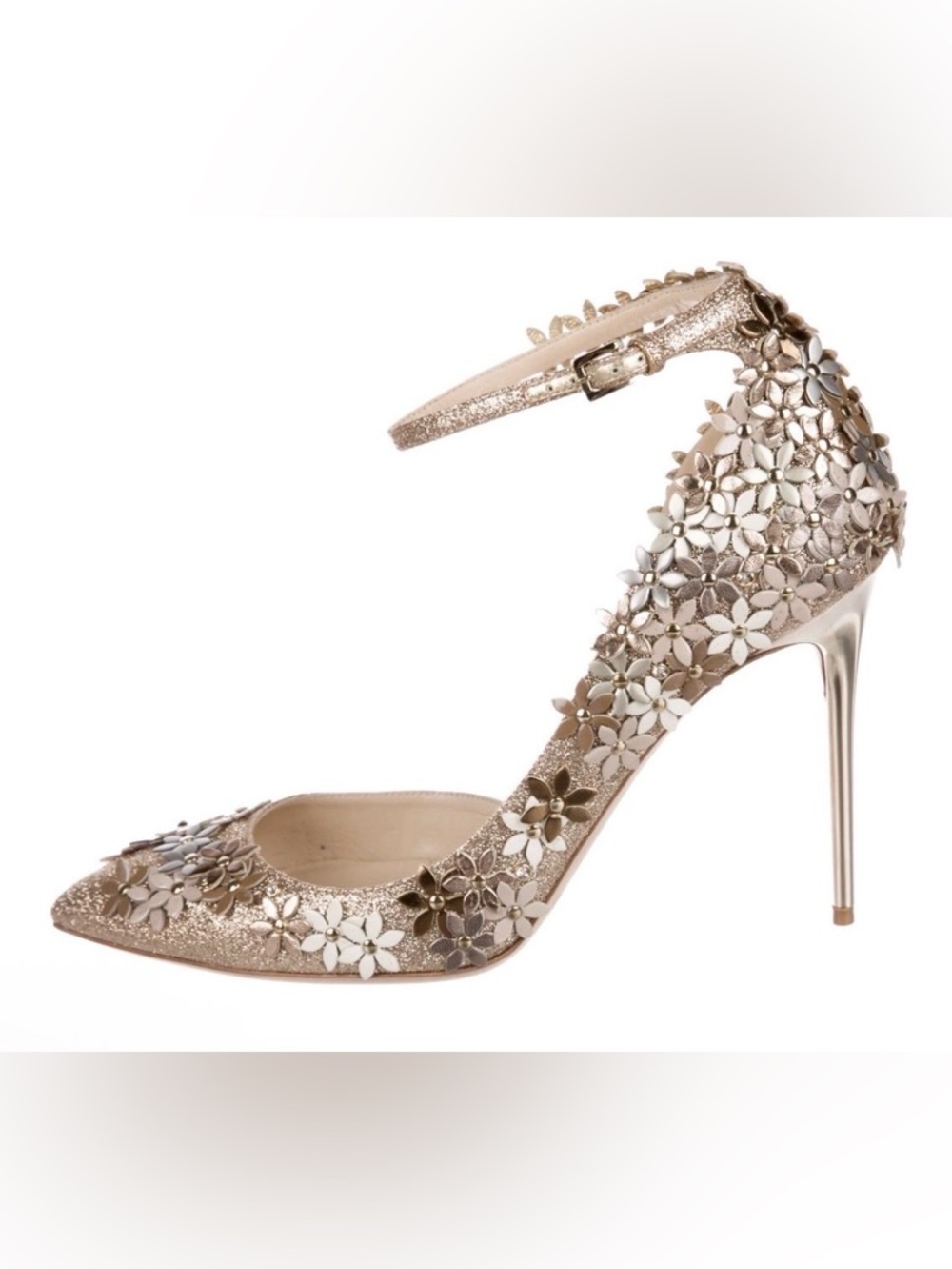 Jimmy Choo NWOT Lorelei Limited Edition Gold-Leather Flowers-Swarovski D’Orsay